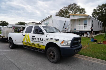 Truck parked outside of Montera Construction site at Mobile Home Park